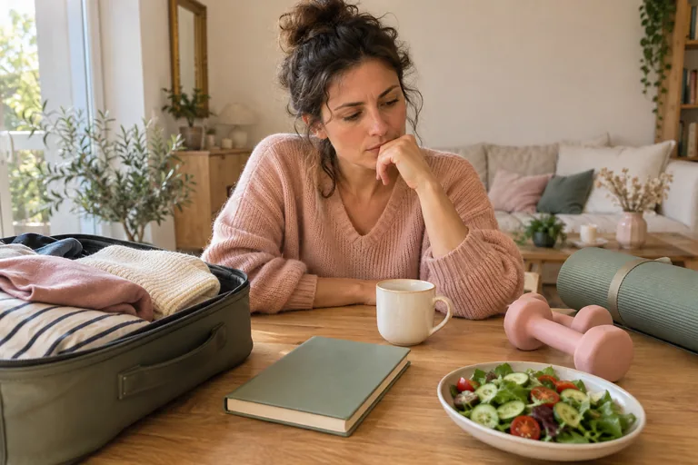 Une femme est assise devant un carnet, une valise, des haltères et une assiette.