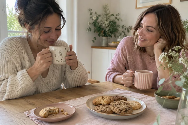 Deux femmes partagent une boisson chaude et des biscuits autour d’une table.