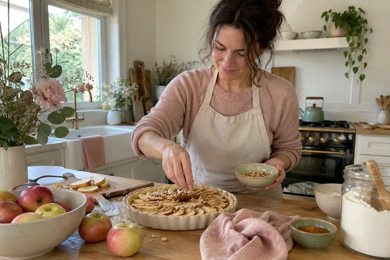 Une femme garnit une tarte aux pommes dans sa cuisine.