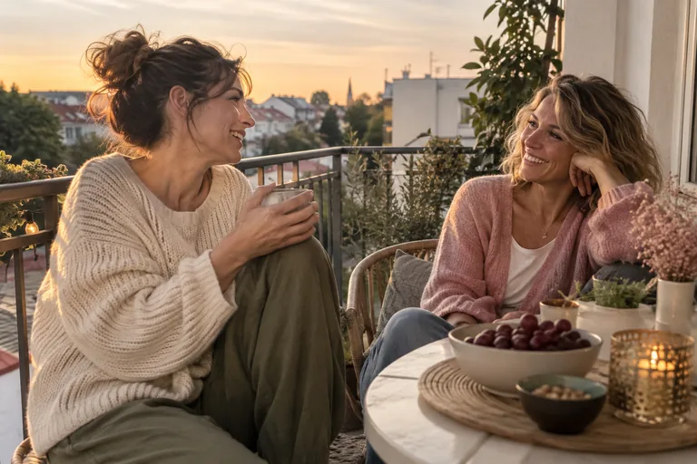 Deux femmes discutant sur un balcon au coucher du soleil.