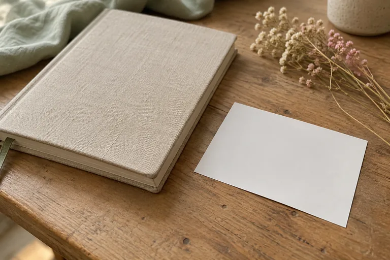 Carnet beige fermé et carte photographique retournée sans inscription sur une table en bois.