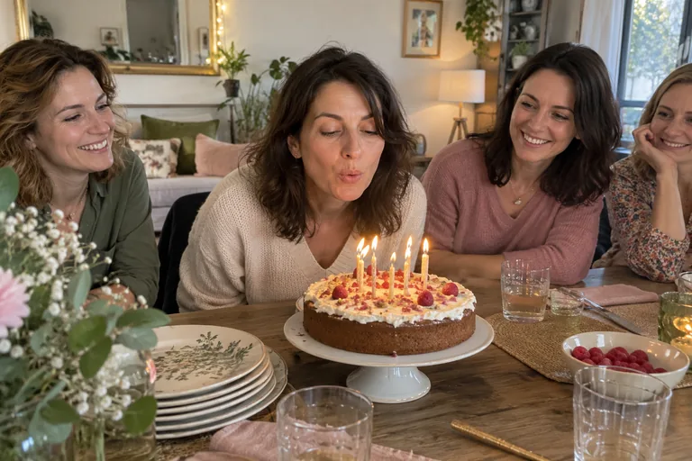 Femme soufflant les bougies d’un gâteau aux framboises, entourée de trois femmes.