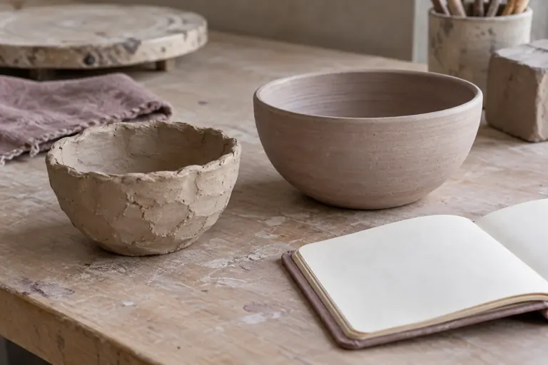 Deux essais de céramique et un carnet ouvert sur une table d’atelier
