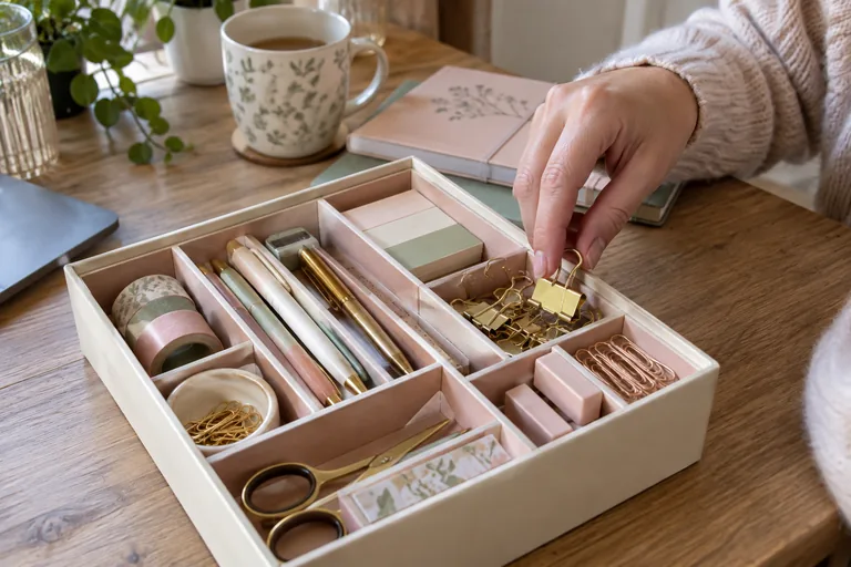 Main prenant une pince dorée dans une boîte de fournitures de bureau.