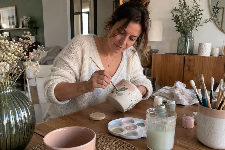 Femme peignant des feuilles sur un pot en céramique, entourée de pinceaux et de couleurs.