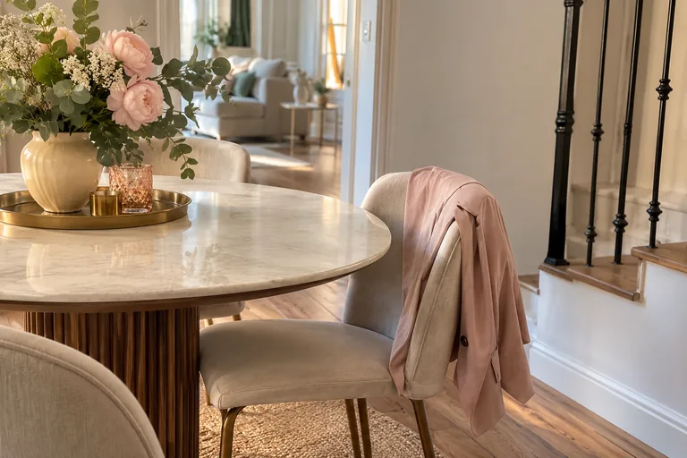Veste rose posée sur le dossier d’une chaise près d’une table claire.