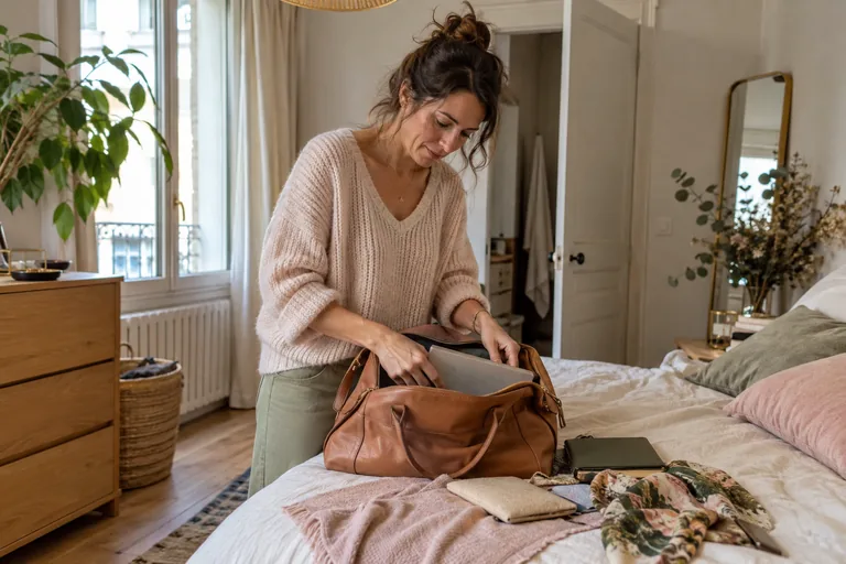 Femme rangeant un dossier dans un sac brun posé sur un lit.