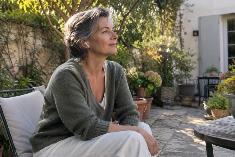 Femme aux cheveux gris assise dans une cour végétalisée avec un écouteur blanc.