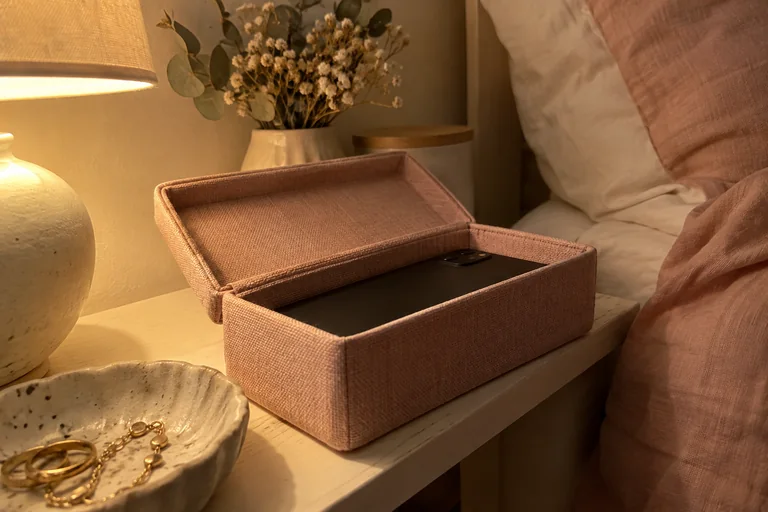 Téléphone face cachée dans une boîte rose ouverte sur une table de chevet.