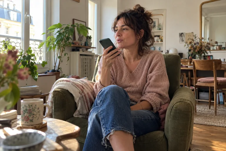 Femme dans un fauteuil vert tenant un téléphone près de sa bouche.