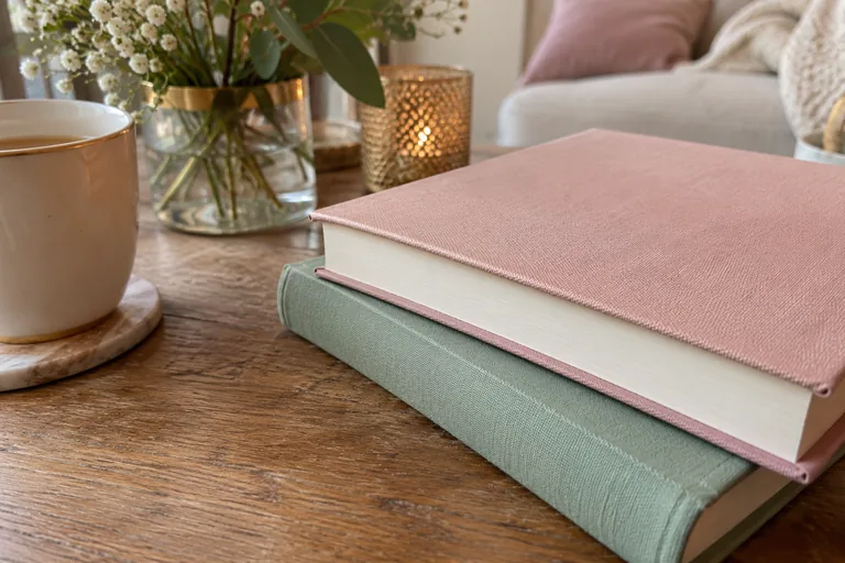 Deux livres à couvertures unies rose et verte empilés sur une table.
