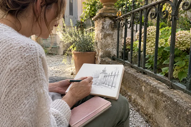 Femme dessinant une grille en fer dans un carnet, avec un second carnet rose sur ses genoux.