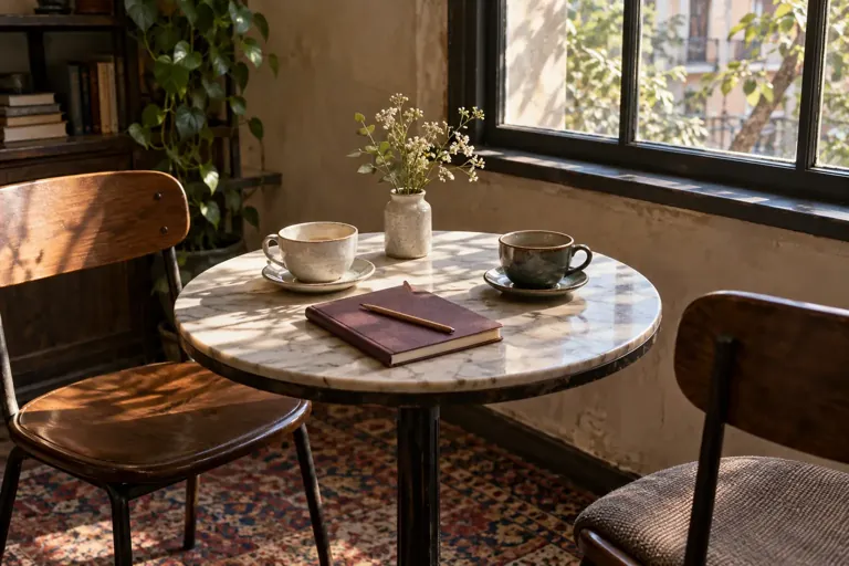 Deux tasses et un carnet fermé sur une table de café