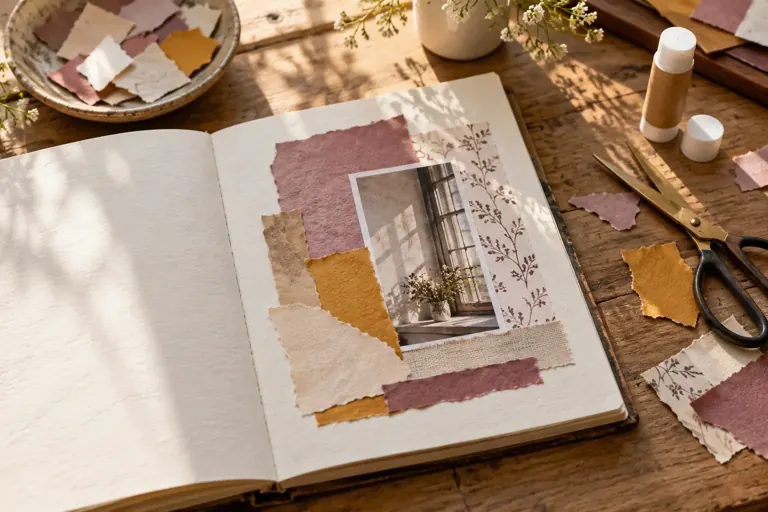 Papiers colorés et carnet de collage sur une table d’atelier