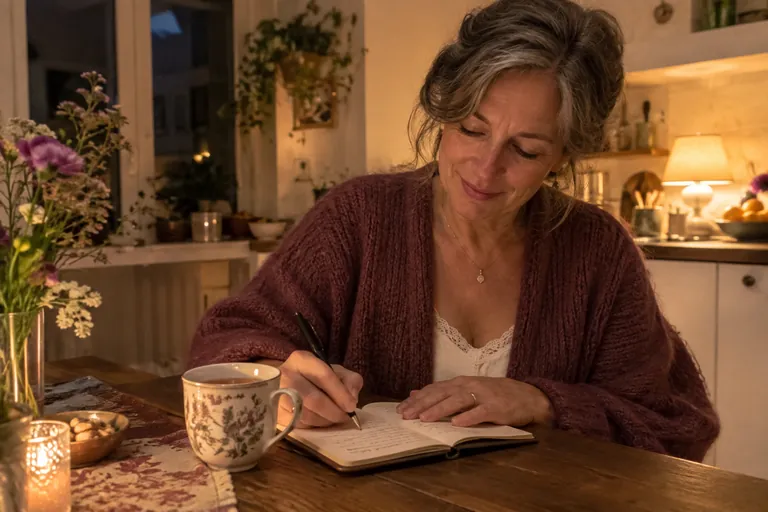 Une femme d’une cinquantaine d’années écrit dans un petit carnet le soir, une tisane à côté d’elle