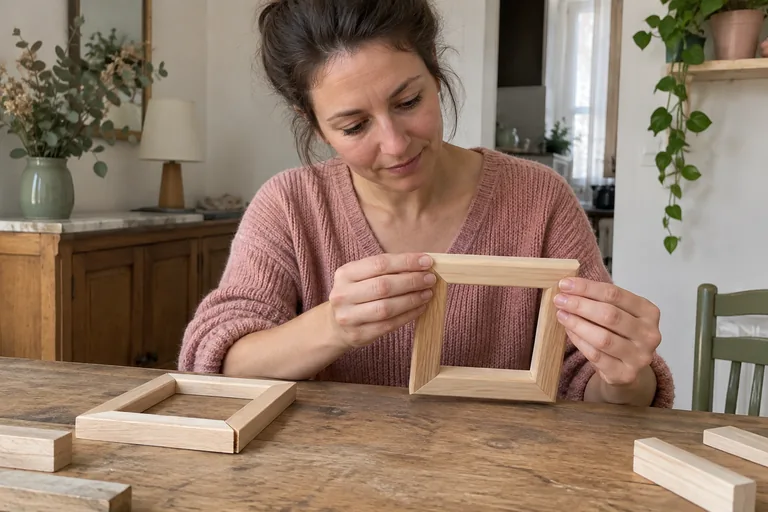Femme vérifiant un cadre en bois près d’un second cadre mal ajusté.
