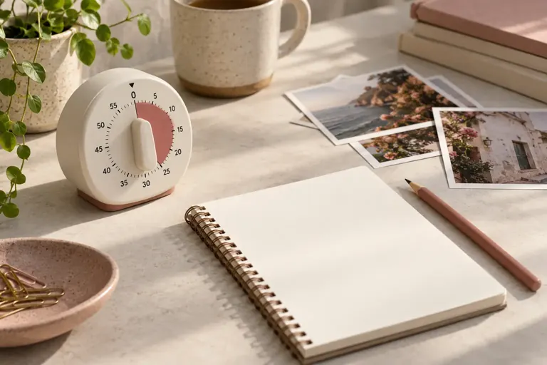 Minuteur mécanique près d’un carnet et de matériel créatif