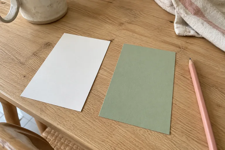 Deux cartes vierges, blanche et verte, côte à côte sur une table avec un crayon rose.