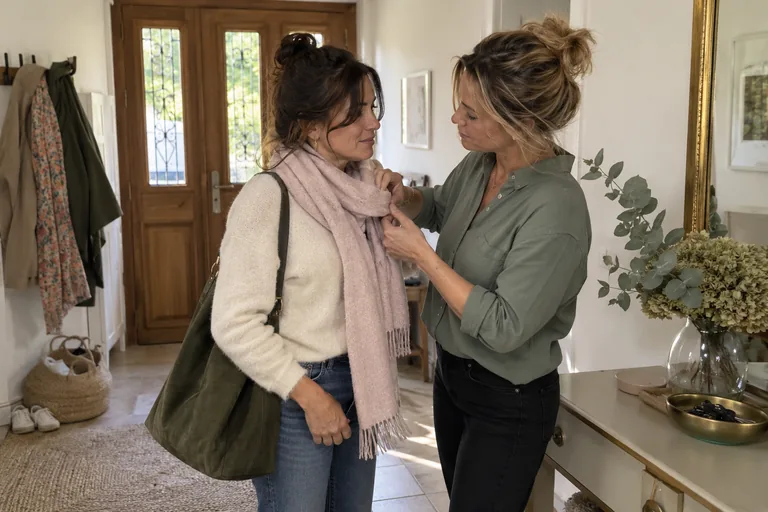 Une femme ajuste l’écharpe rose d’une autre femme dans une entrée.