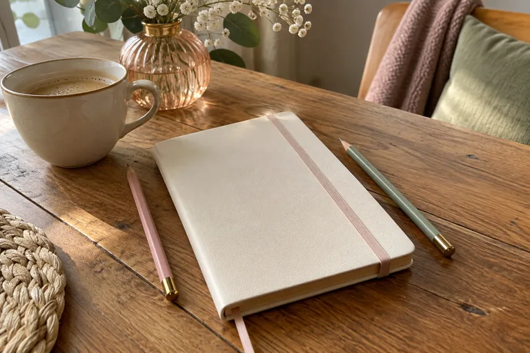 Carnet crème fermé entre un crayon rose et un crayon vert, près d’une tasse.