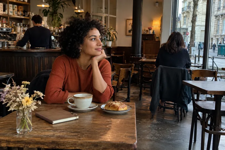 Femme en pull rouille assise dans un café, près d’une tasse, d’une brioche et d’un carnet fermé.