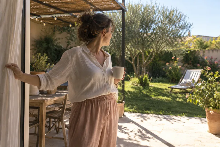 Femme tenant une tasse sur le seuil d’une porte ouverte vers un jardin ensoleillé.