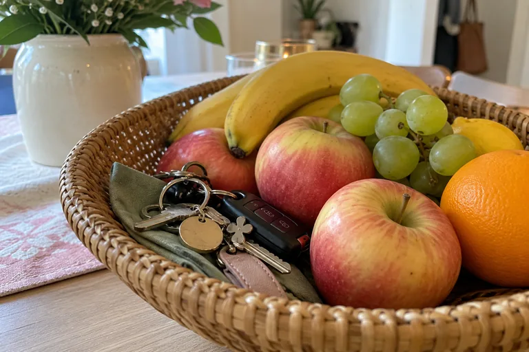 Trousseau de clés posé dans une corbeille avec des pommes, bananes, raisins et agrumes.
