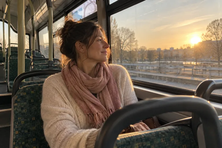 Femme assise dans un bus presque vide regardant le soleil par la fenêtre.