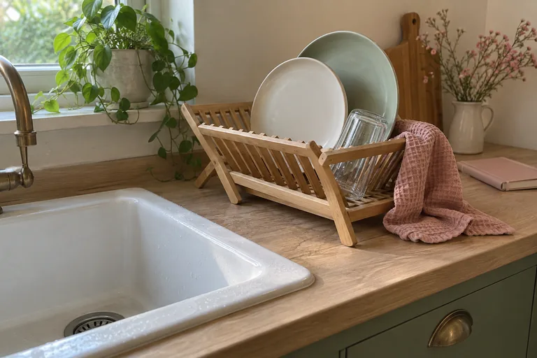 Deux assiettes et un verre sur un égouttoir en bois, près d’un torchon rose et d’un carnet fermé.