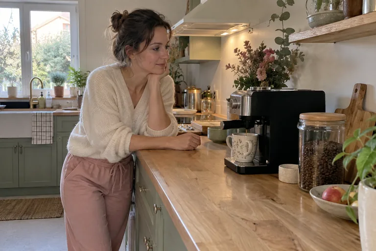 Femme accoudée au plan de travail attendant une tasse sous une machine à café.