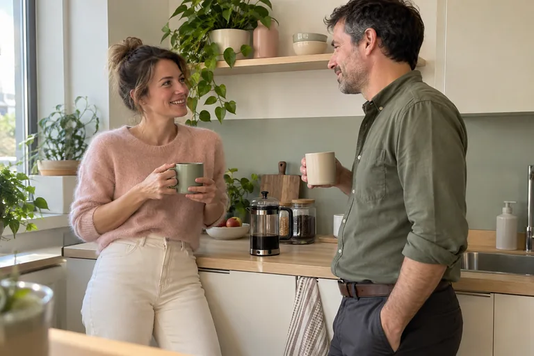 Une femme et un homme discutant avec des tasses près d’une cafetière à piston.