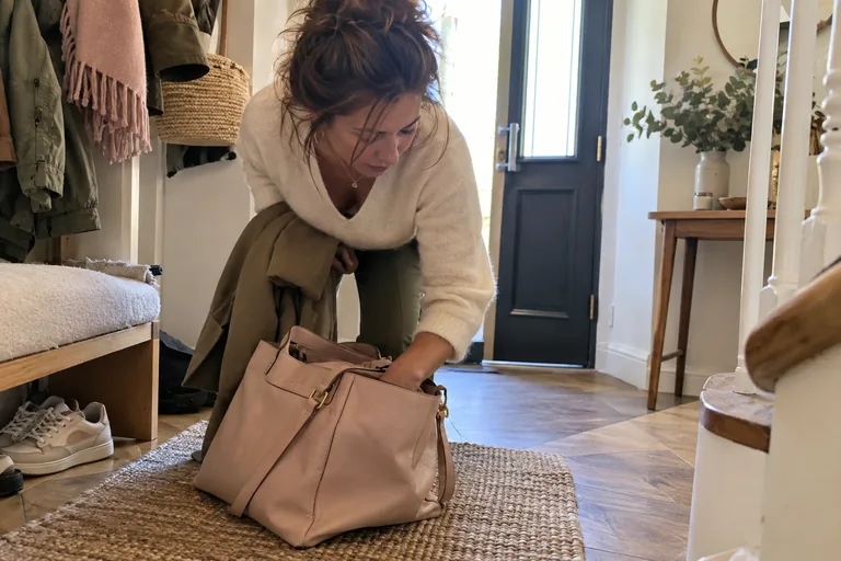Femme penchée vers son sac rose posé au sol dans une entrée.