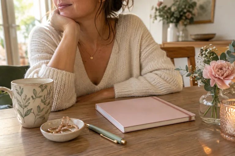 Femme accoudée devant un carnet rose fermé, une tasse, un stylo et une coupelle de bijoux.