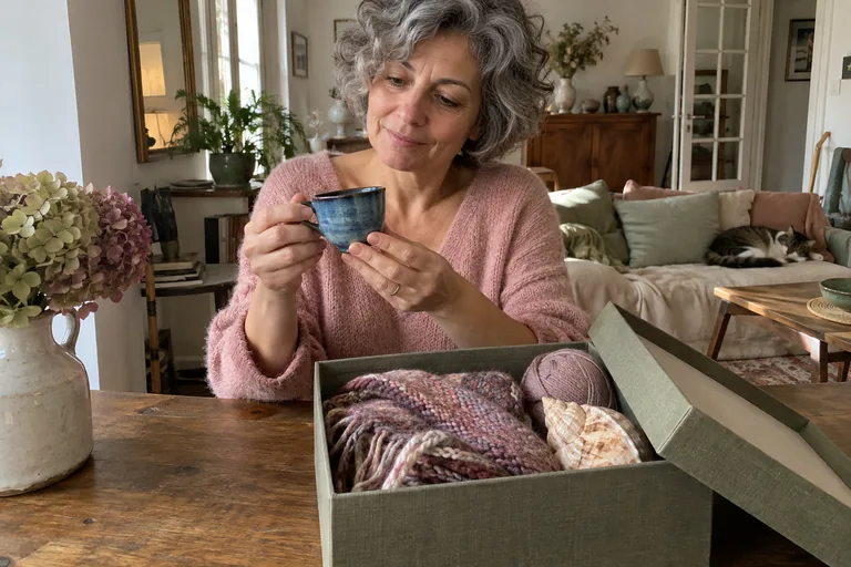Femme aux cheveux gris tenant une tasse bleue devant une boîte ouverte contenant une écharpe, une pelote et un coquillage.