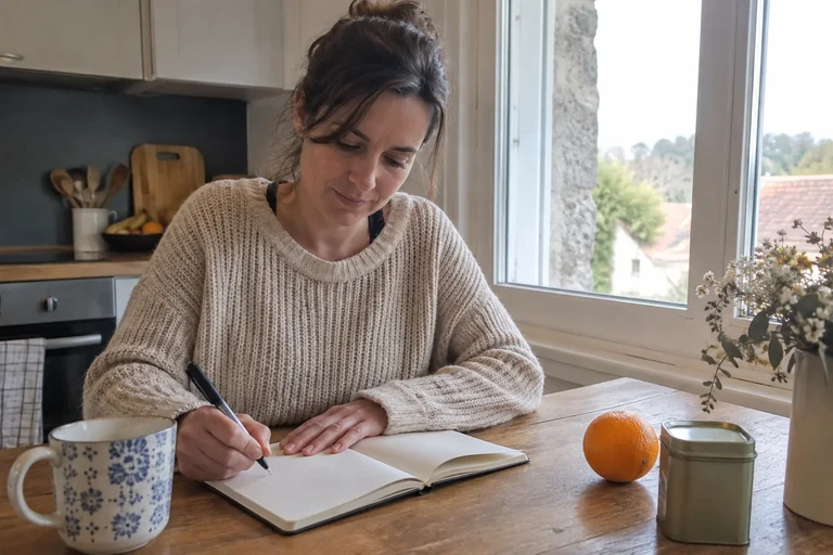 Une femme écrit dans un carnet près d’une orange et d’une tasse.