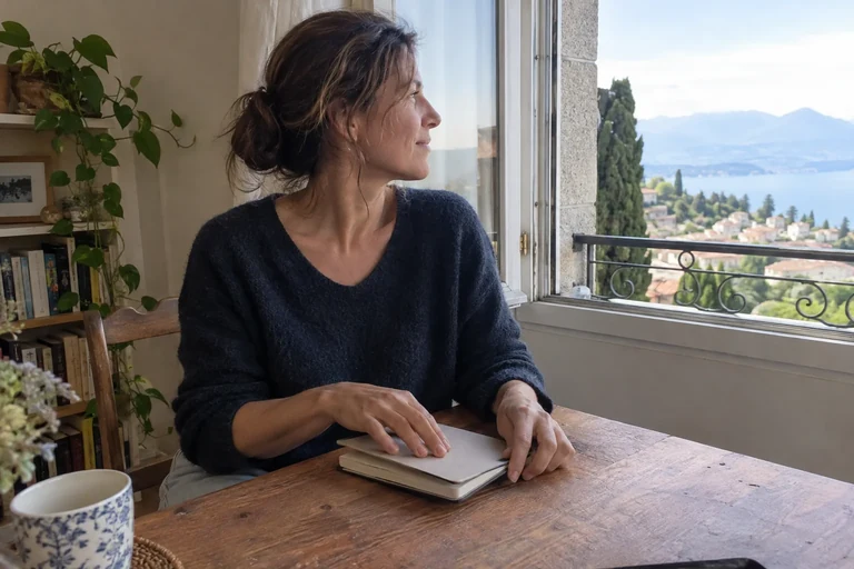 Une femme pose les mains sur un carnet fermé près d’une fenêtre.
