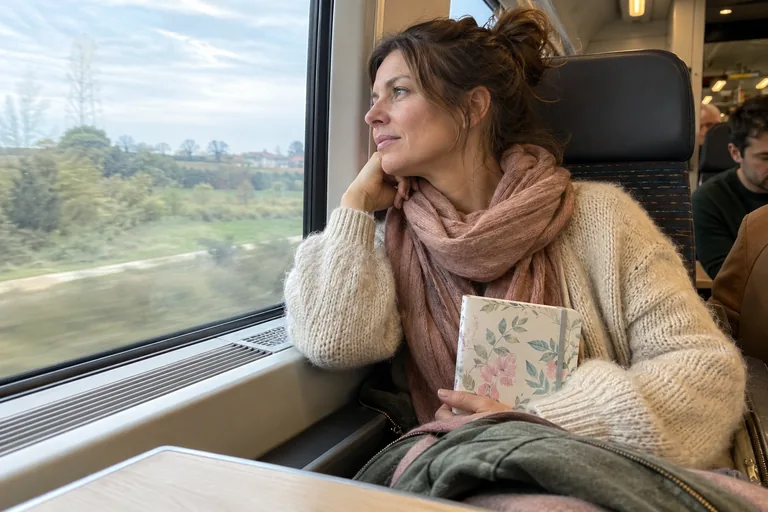 Femme assise près de la fenêtre d’un train, un carnet fleuri fermé contre elle.