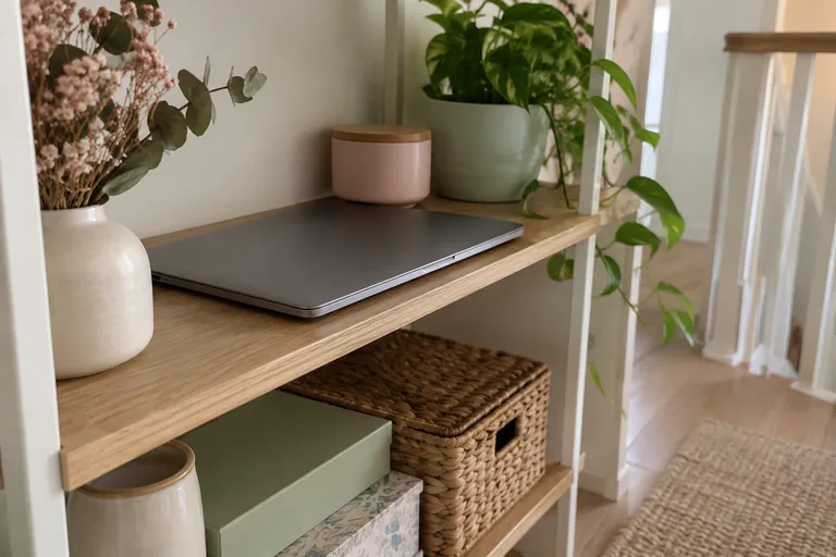 Ordinateur portable fermé sur une étagère en bois avec des pots et une plante.