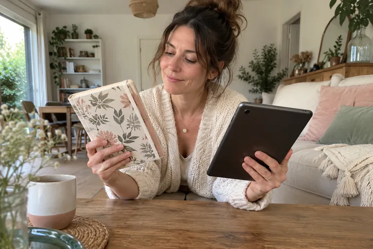 Femme tenant un carnet fleuri fermé et une tablette dont seul le dos est visible.