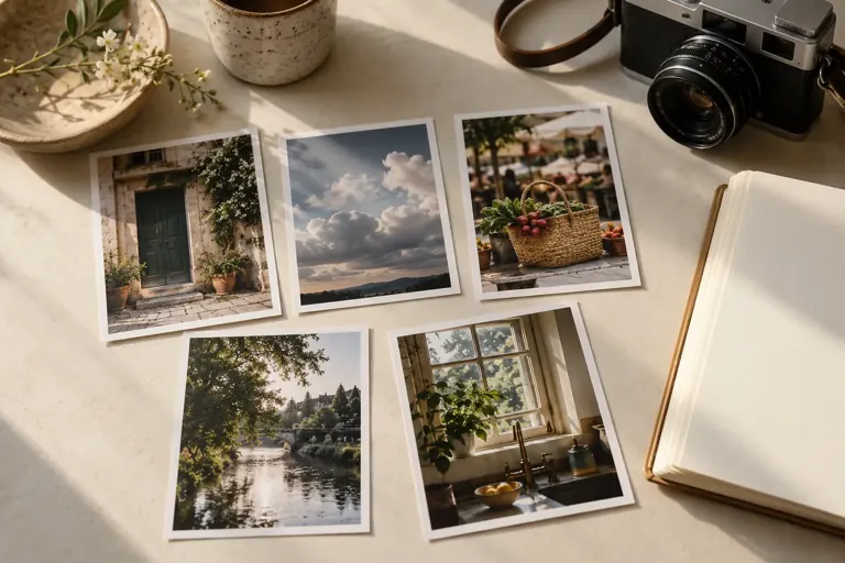 Tirages de paysages et carnet disposés près d’un appareil photo