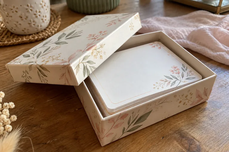 Boîte fleurie ouverte contenant une pile de cartes sans écriture.