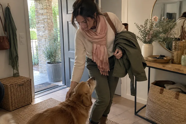 Femme portant une veste sur le bras et caressant un chien dans une entrée.