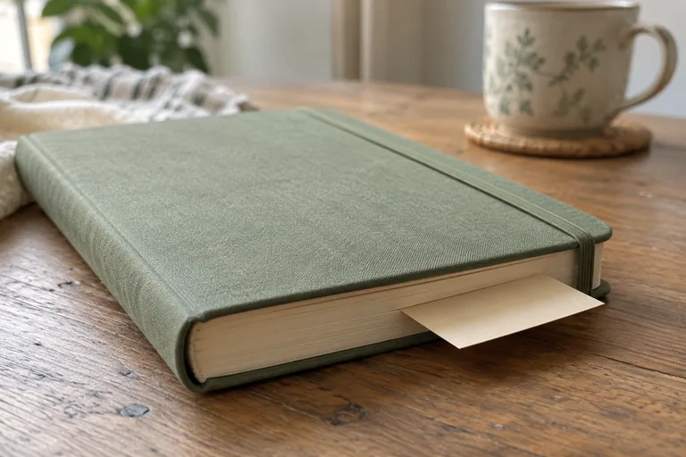 Carnet vert fermé avec une carte crème vierge dépassant des pages, posé près d’une tasse.