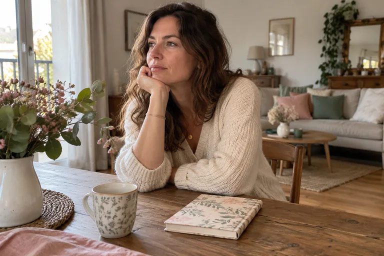 Femme accoudée à une table, regardant vers la fenêtre, près d’un carnet fermé.