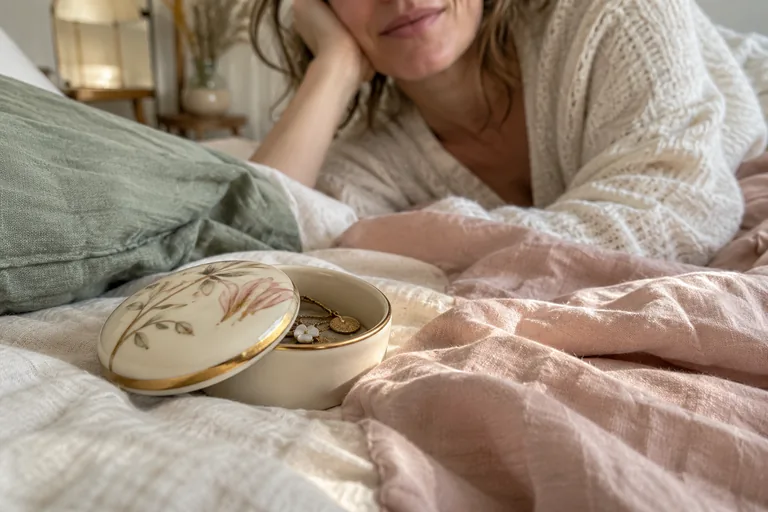 Petite boîte fleurie ouverte avec des bijoux sur un lit aux draps froissés.