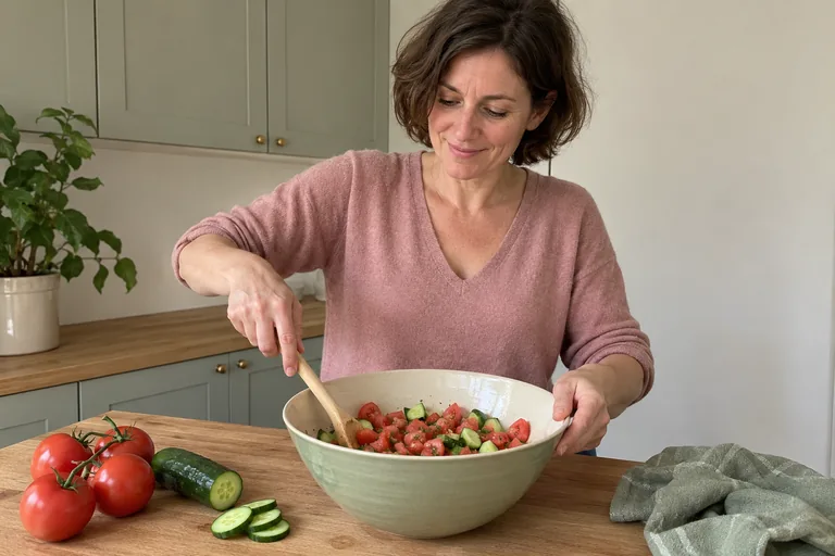 Femme mélangeant une salade de tomates et de concombres dans un saladier vert.