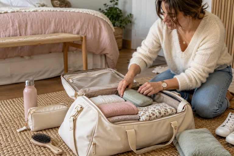Femme agenouillée près d’un sac de voyage ouvert contenant des vêtements pliés.