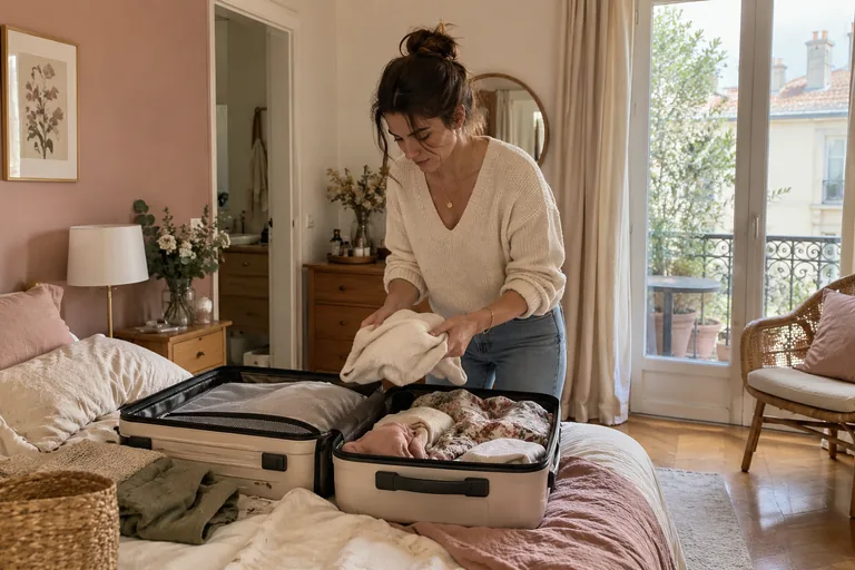 Femme tenant un vêtement au-dessus d’une valise ouverte sur un lit.