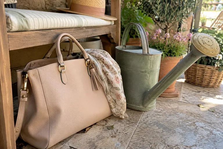 Sac beige et foulard fleuri posés à côté d’un arrosoir métallique sous un banc.