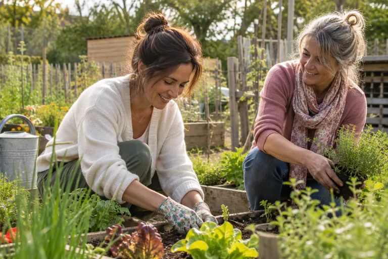 Deux femmes agenouillées près d’un potager, l’une tenant une plante à repiquer.